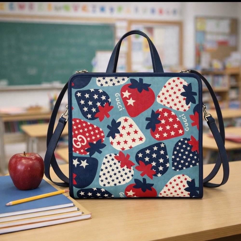 GUCCI Kids Strawberry & Stars Canvas Tote Bag Blue Italy 605614 Shoulder Strap